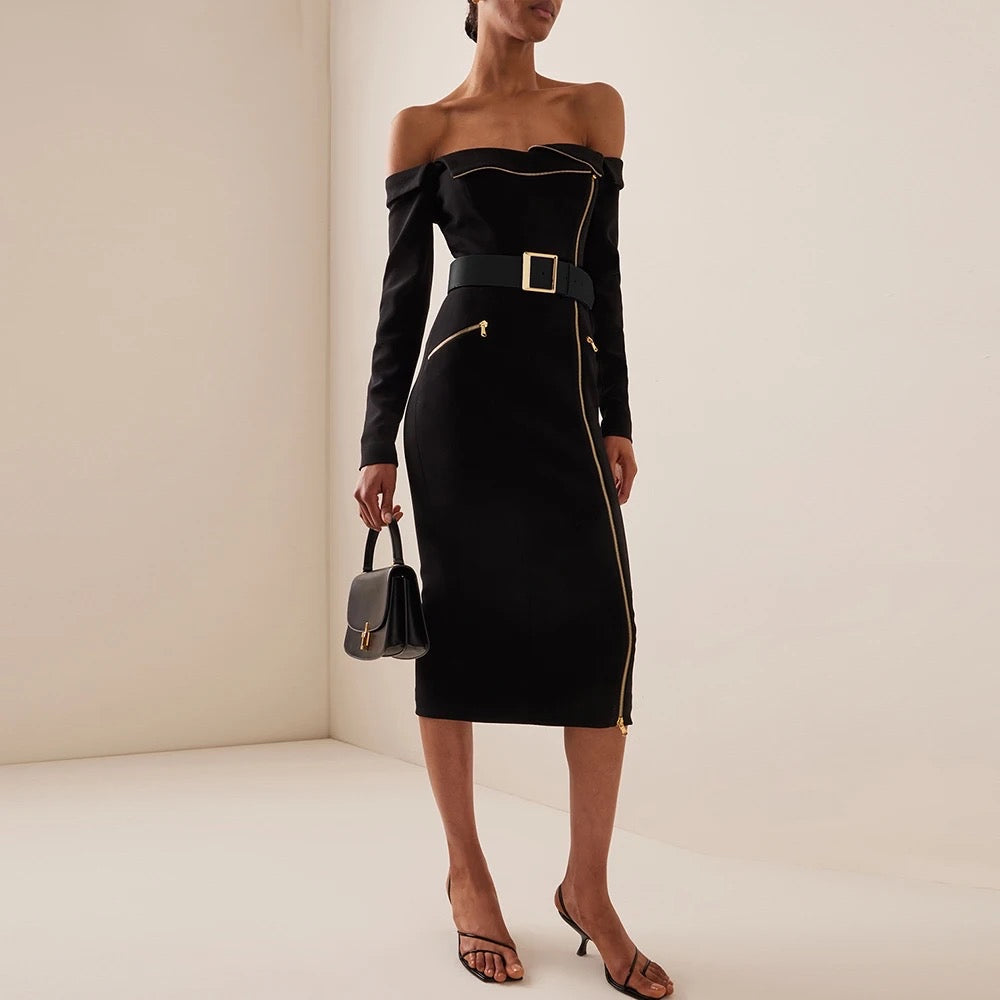 Zipper Belt Off Shoulder Midi Slim Fit Cocktail Dress REBECATHELABEL