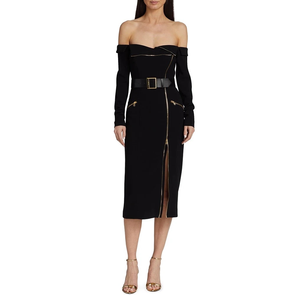 Zipper Belt Off Shoulder Midi Slim Fit Cocktail Dress REBECATHELABEL