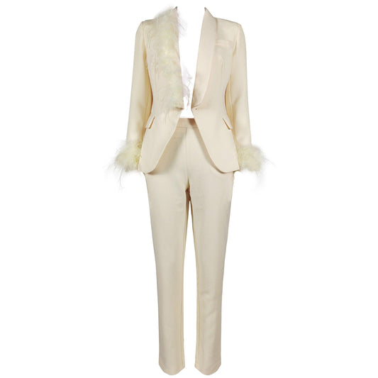 feather-detailing single-breasted blazer pant set REBECATHELABEL