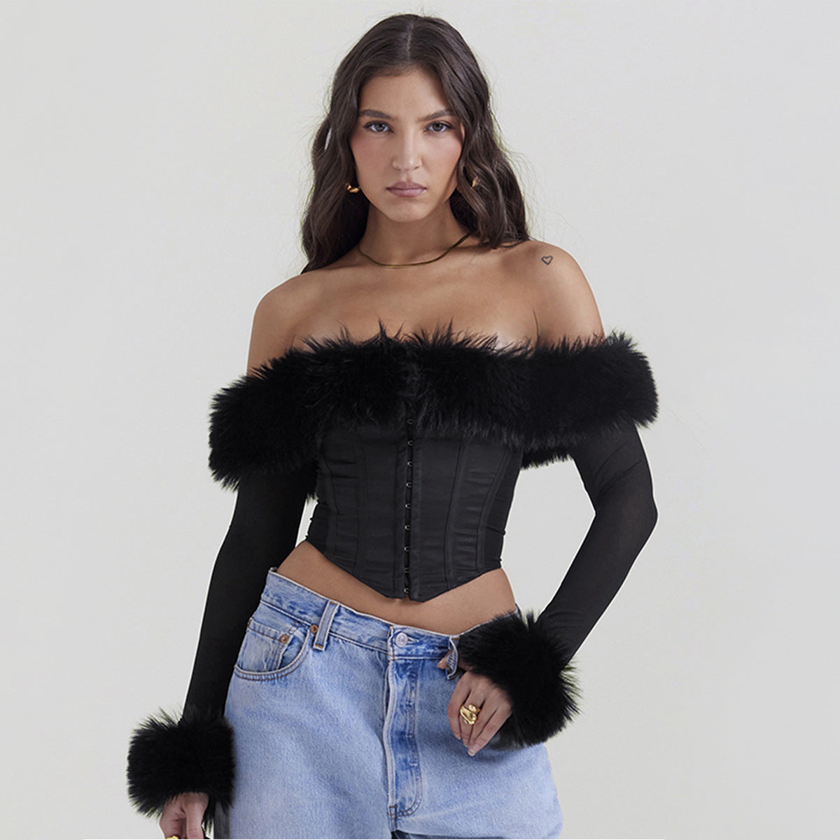 off Shoulder Boning Corset Long Sleeve Short Slim Top REBECATHELABEL