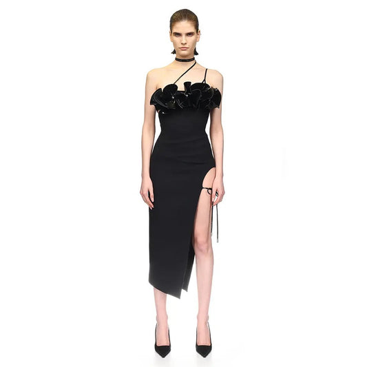 3D Flower Tight High Split Bandage Midi Dress REBECATHELABEL