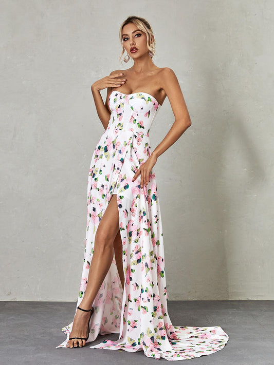 Amanda Strapless Floral Split Maxi Dress REBECATHELABEL