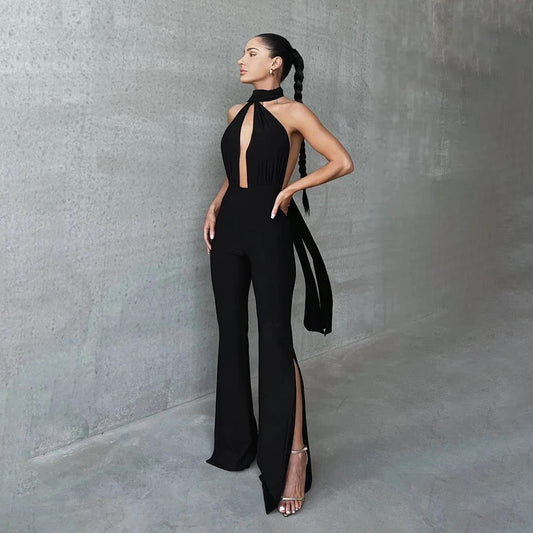 Deep V Wrap Around Halter Sexy Backless Flare Pants Jumpsuits REBECATHELABEL