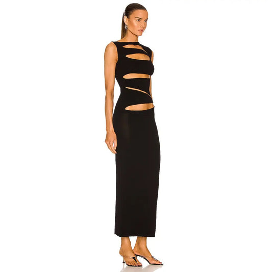 Hollow out Round Neck Tight Bandage Long Dress REBECATHELABEL