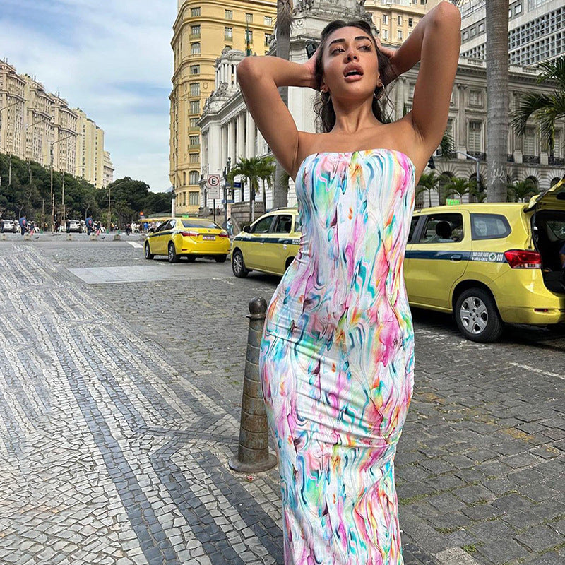 High Waist Slit Maxi Tube Top Printed Dress