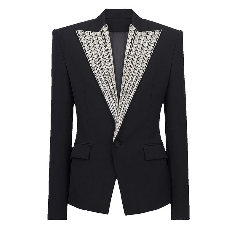 Rhinestone Beaded One Button Slim Blazer