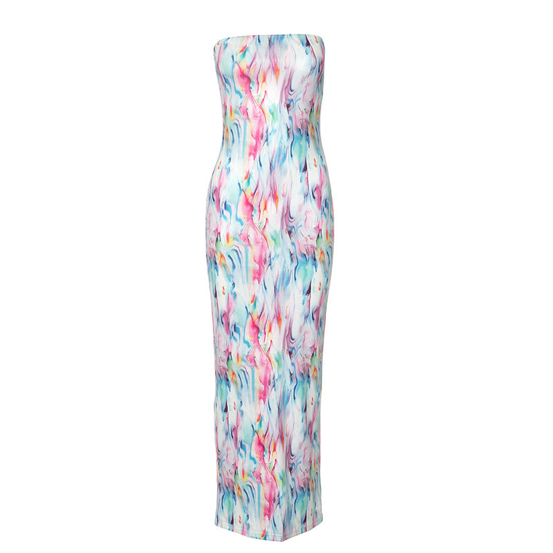 High Waist Slit Maxi Tube Top Printed Dress