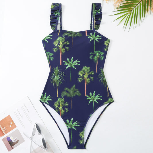 Printed One Piece  French Retro Covering Belly Thin