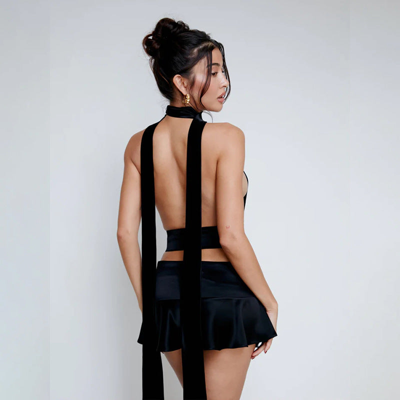 Hollow Out Cutout Deep V Plunge Strap Vest Mini Skirt set