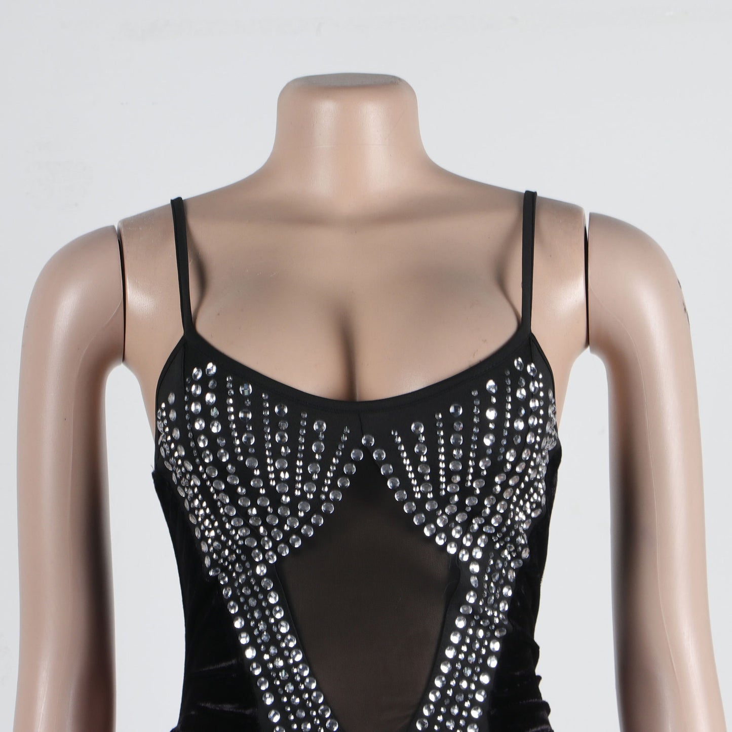 Rhinestone Velvet Stitching Mesh See Through Hip Spaghetti Straps Short Dress