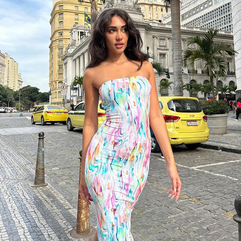 High Waist Slit Maxi Tube Top Printed Dress