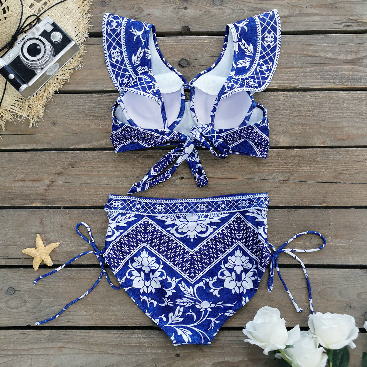 High Waist Lace Up Printed Split Swimsuit