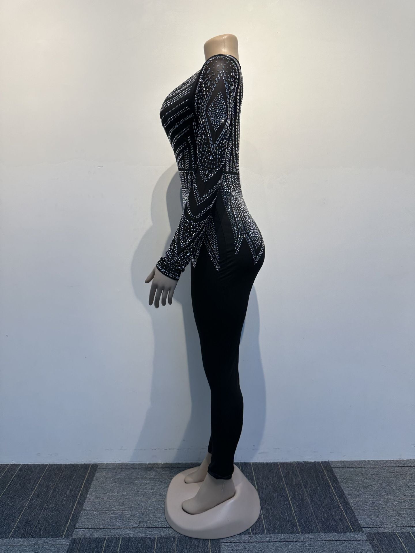 Sexy Slim Hip Rhinestone V Neck Stretch Tight Jumpsuit