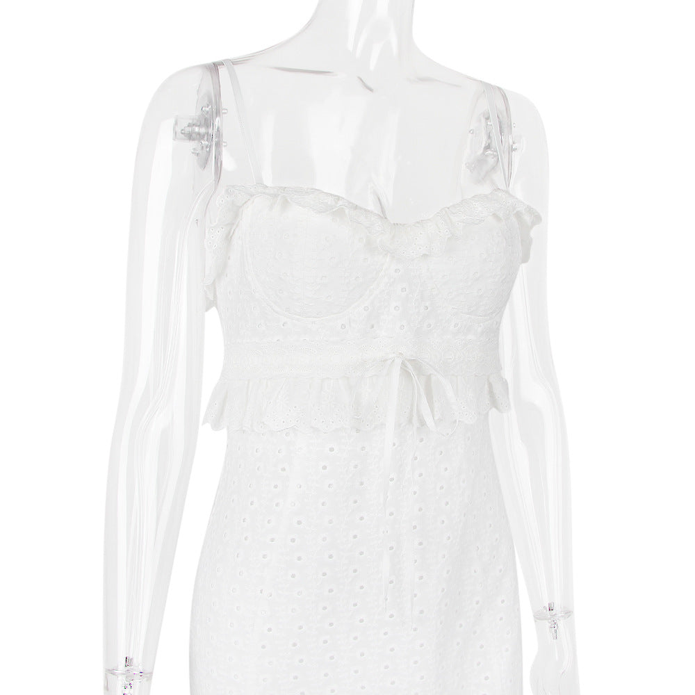 White Crocheted Cami Dress Slim Fit French Dress Sexy